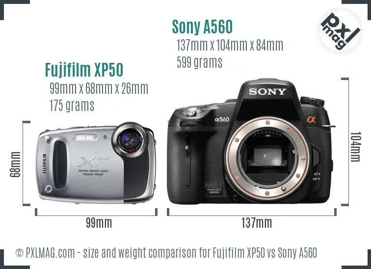 Fujifilm XP50 vs Sony A560 size comparison