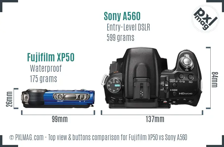 Fujifilm XP50 vs Sony A560 top view buttons comparison