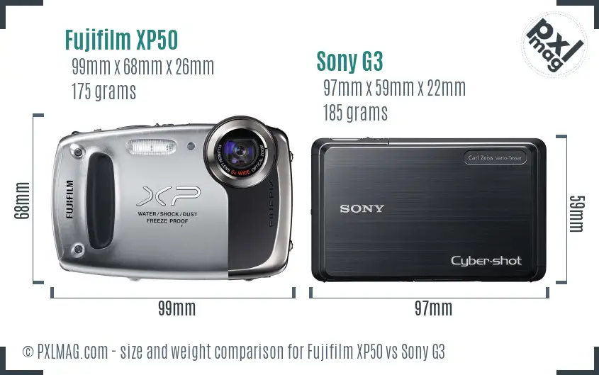 Fujifilm XP50 vs Sony G3 size comparison