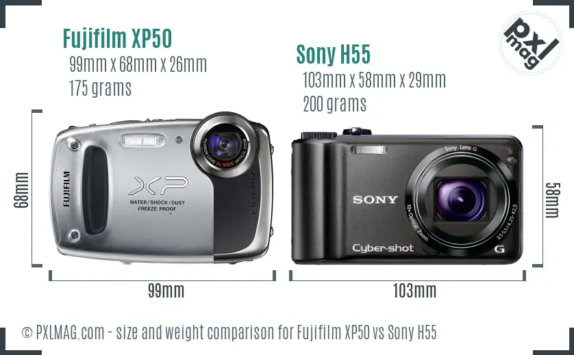 Fujifilm XP50 vs Sony H55 size comparison
