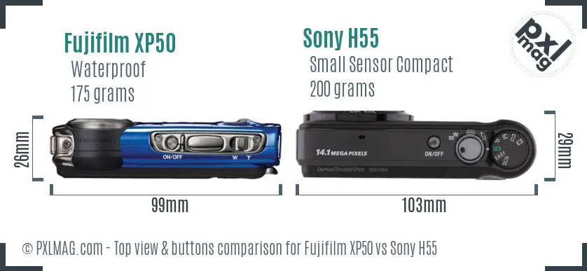 Fujifilm XP50 vs Sony H55 top view buttons comparison