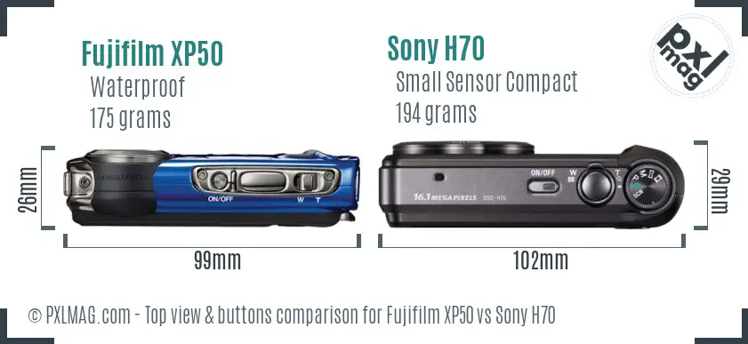 Fujifilm XP50 vs Sony H70 top view buttons comparison
