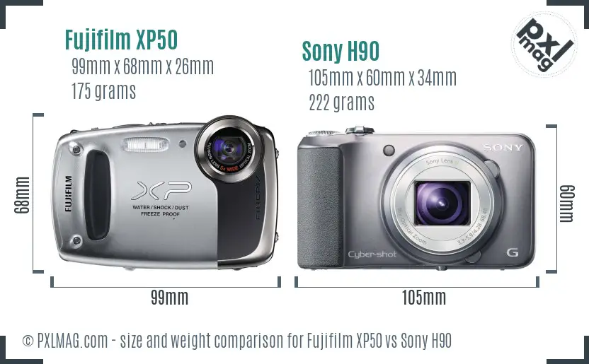 Fujifilm XP50 vs Sony H90 size comparison