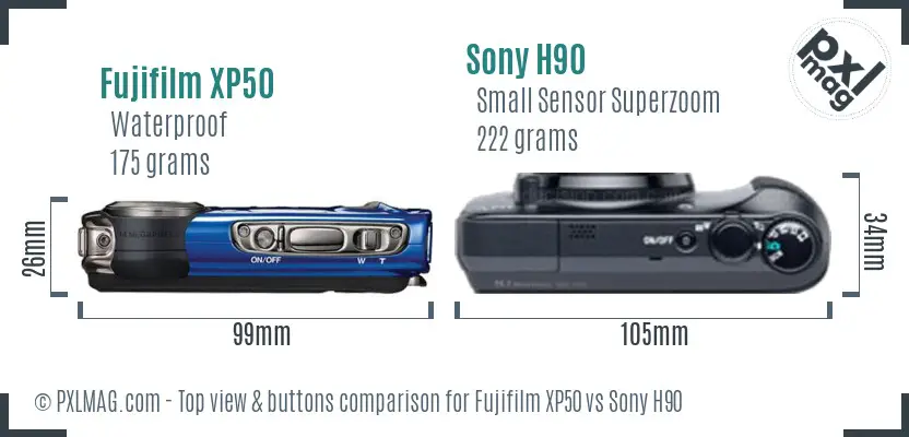 Fujifilm XP50 vs Sony H90 top view buttons comparison