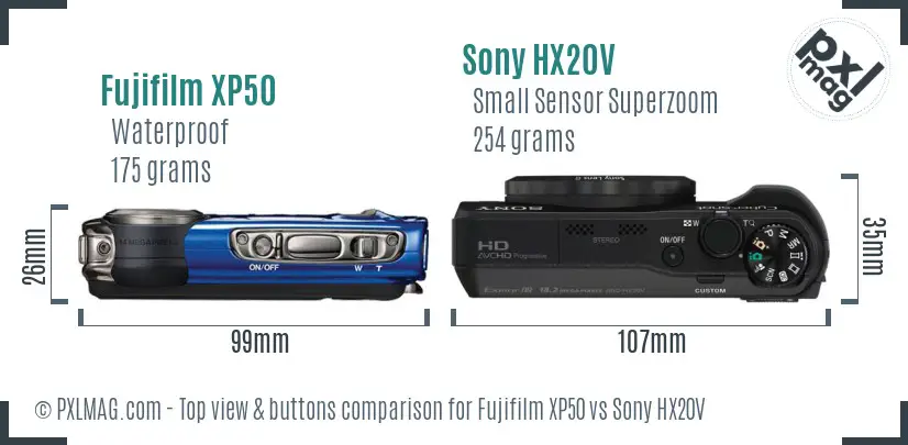 Fujifilm XP50 vs Sony HX20V top view buttons comparison