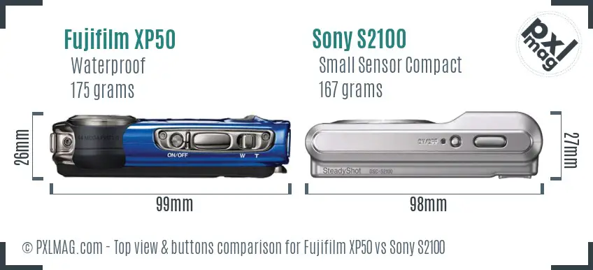 Fujifilm XP50 vs Sony S2100 top view buttons comparison Fujifilm XP50 vs Sony S2100 top view buttons comparison