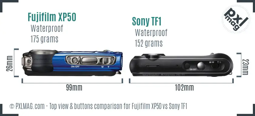 Fujifilm XP50 vs Sony TF1 top view buttons comparison Fujifilm XP50 vs Sony TF1 top view buttons comparison