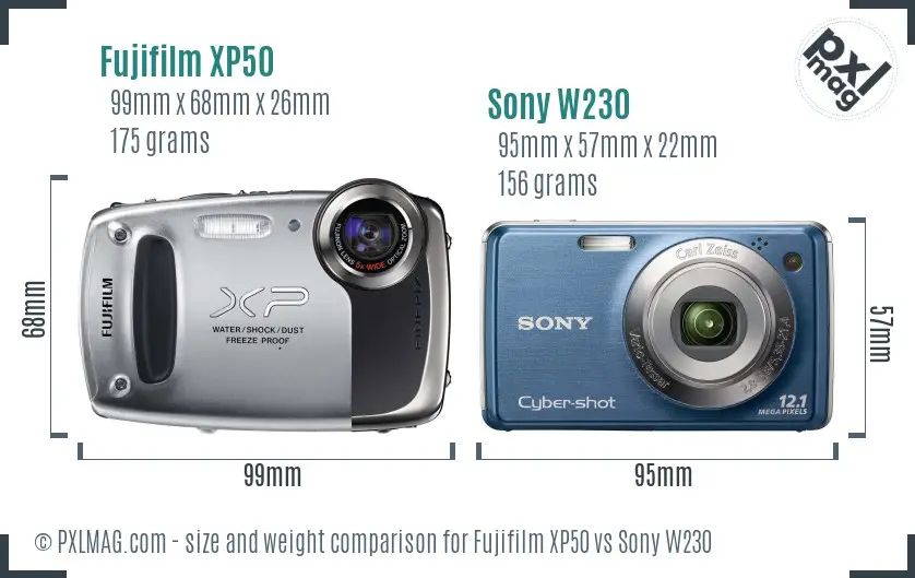 Fujifilm XP50 vs Sony W230 size comparison