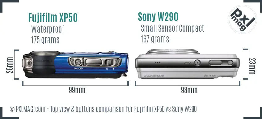 Fujifilm XP50 vs Sony W290 top view buttons comparison Fujifilm XP50 vs Sony W290 top view buttons comparison