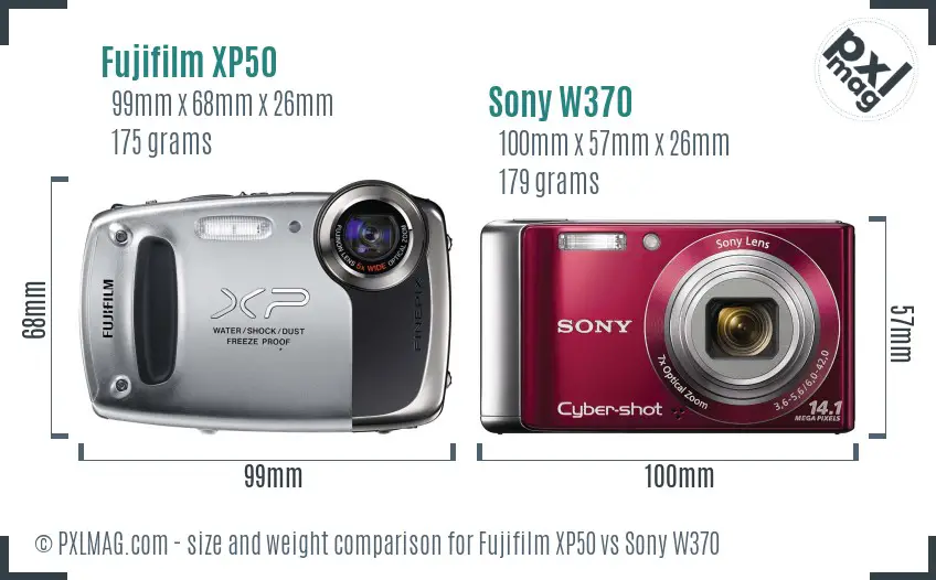 Fujifilm XP50 vs Sony W370 size comparison