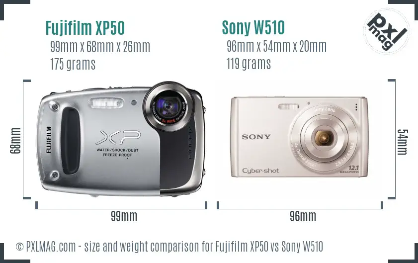 Fujifilm XP50 vs Sony W510 size comparison