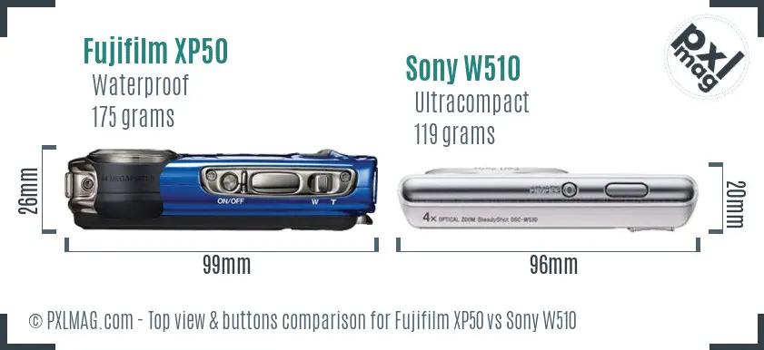 Fujifilm XP50 vs Sony W510 top view buttons comparison