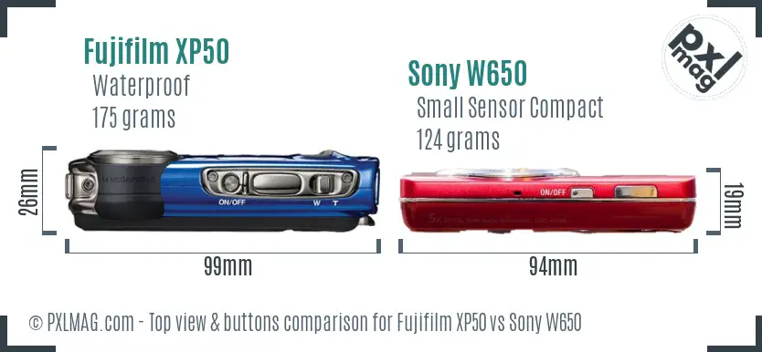 Fujifilm XP50 vs Sony W650 top view buttons comparison Fujifilm XP50 vs Sony W650 top view buttons comparison