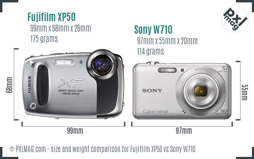 Fujifilm XP50 vs Sony W710 size comparison