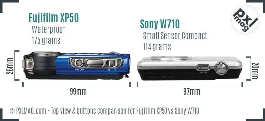Fujifilm XP50 vs Sony W710 top view buttons comparison