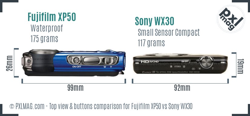 Fujifilm XP50 vs Sony WX30 top view buttons comparison