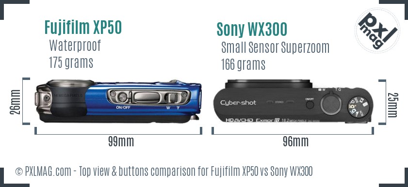 Fujifilm XP50 vs Sony WX300 top view buttons comparison