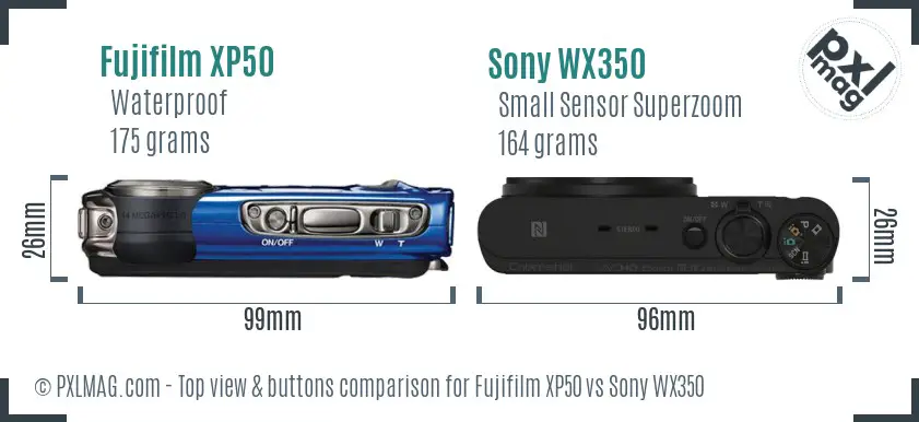 Fujifilm XP50 vs Sony WX350 top view buttons comparison Fujifilm XP50 vs Sony WX350 top view buttons comparison