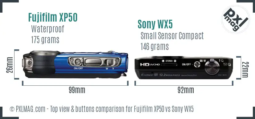 Fujifilm XP50 vs Sony WX5 top view buttons comparison Fujifilm XP50 vs Sony WX5 top view buttons comparison