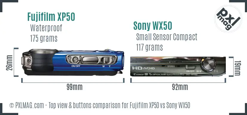 Fujifilm XP50 vs Sony WX50 top view buttons comparison