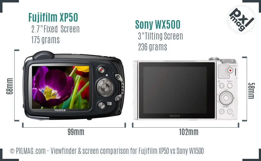 Fujifilm XP50 vs Sony WX500 Screen and Viewfinder comparison