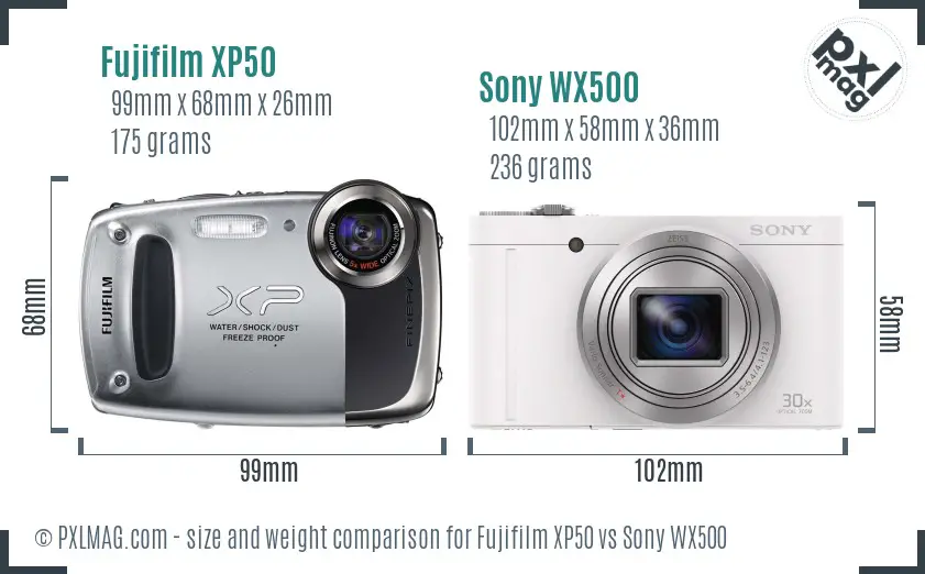 Fujifilm XP50 vs Sony WX500 size comparison