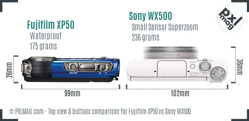 Fujifilm XP50 vs Sony WX500 top view buttons comparison