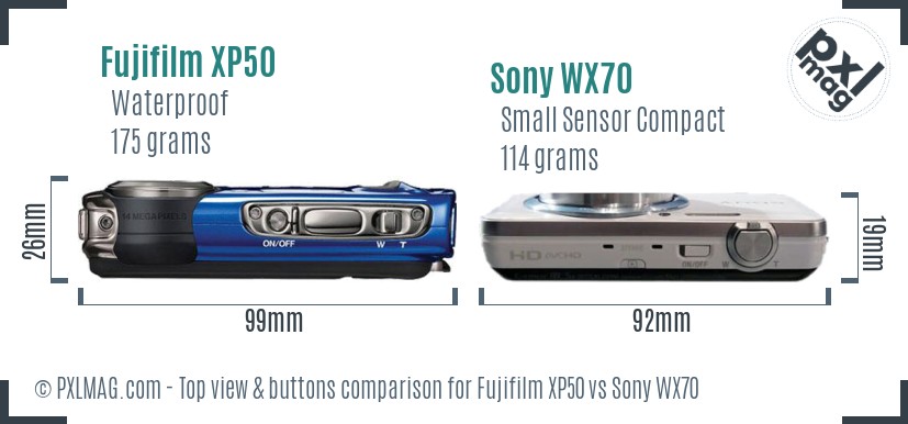 Fujifilm XP50 vs Sony WX70 top view buttons comparison