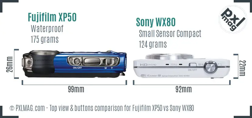 Fujifilm XP50 vs Sony WX80 top view buttons comparison