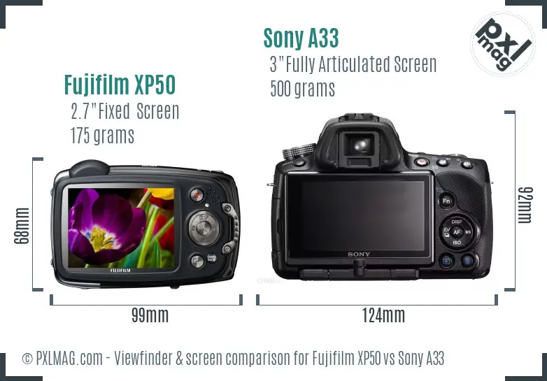 Fujifilm XP50 vs Sony A33 Screen and Viewfinder comparison