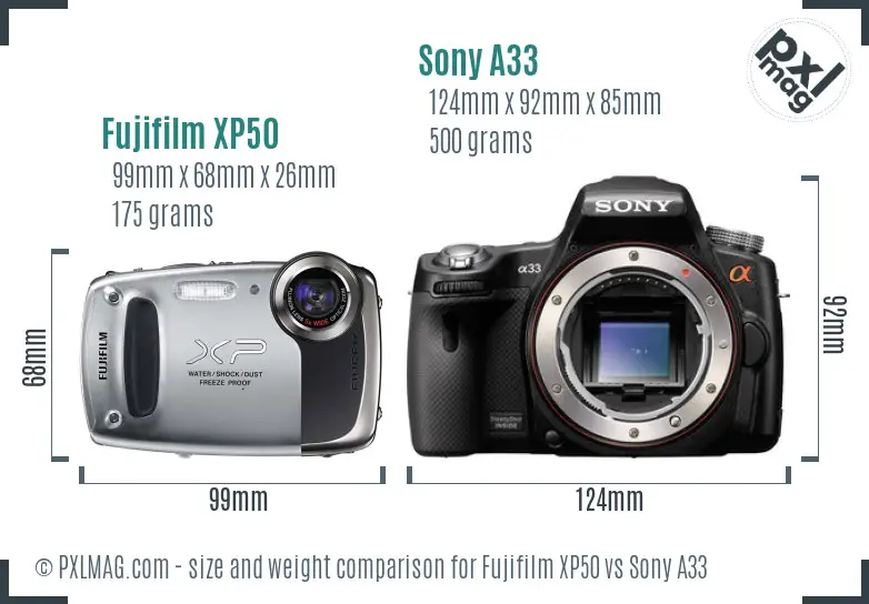 Fujifilm XP50 vs Sony A33 size comparison