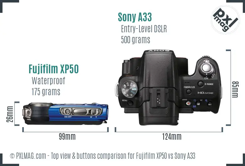 Fujifilm XP50 vs Sony A33 top view buttons comparison