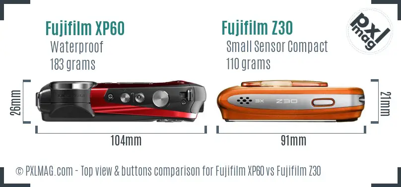 Fujifilm XP60 vs Fujifilm Z30 top view buttons comparison