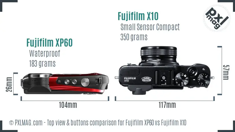 Fujifilm XP60 vs Fujifilm X10 top view buttons comparison