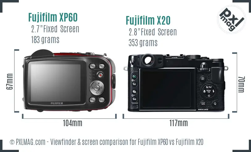 Fujifilm XP60 vs Fujifilm X20 Screen and Viewfinder comparison