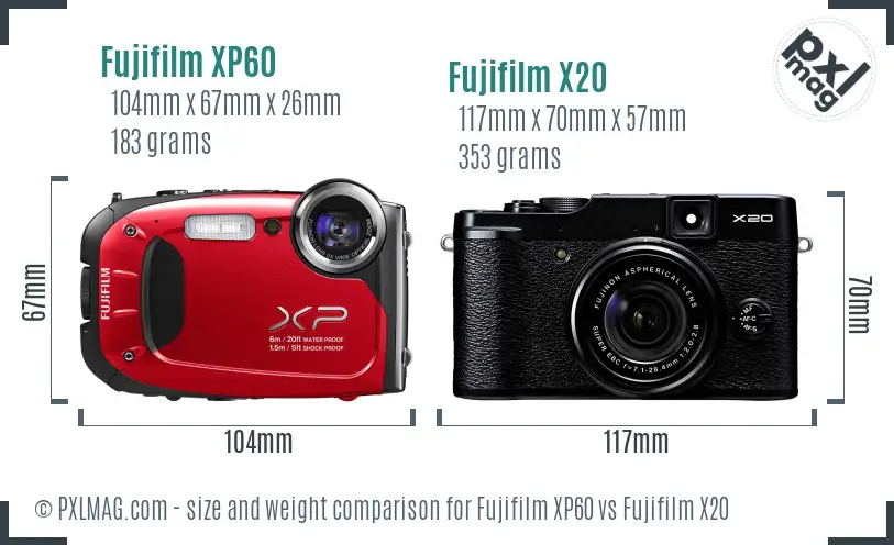 Fujifilm XP60 vs Fujifilm X20 size comparison