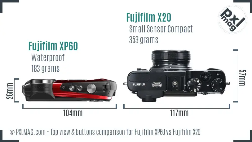 Fujifilm XP60 vs Fujifilm X20 top view buttons comparison