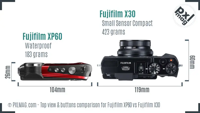 Fujifilm XP60 vs Fujifilm X30 top view buttons comparison