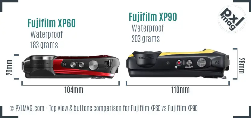 Fujifilm XP60 vs Fujifilm XP90 top view buttons comparison
