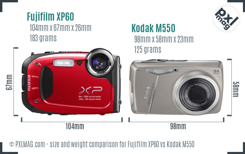 Fujifilm XP60 vs Kodak M550 size comparison