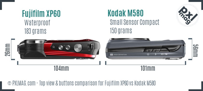 Fujifilm XP60 vs Kodak M580 top view buttons comparison