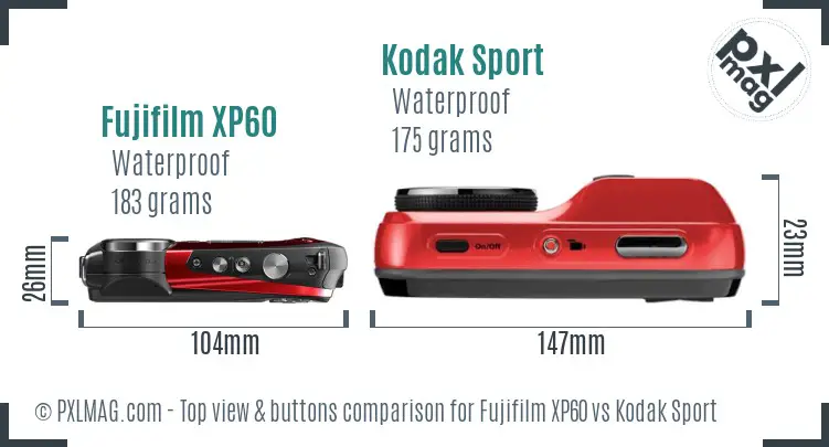 Fujifilm XP60 vs Kodak Sport top view buttons comparison