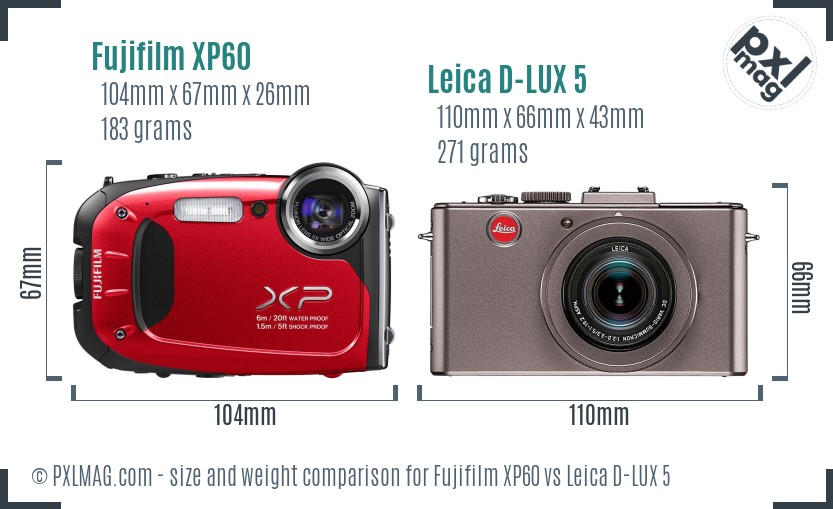 Fujifilm XP60 vs Leica D-LUX 5 size comparison