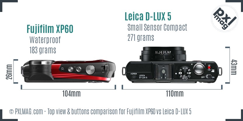 Fujifilm XP60 vs Leica D-LUX 5 top view buttons comparison
