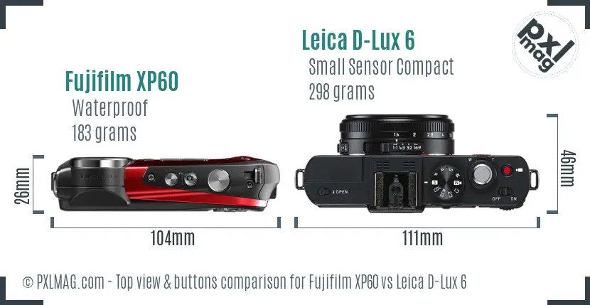 Fujifilm XP60 vs Leica D-Lux 6 top view buttons comparison Fujifilm XP60 vs Leica D-Lux 6 top view buttons comparison