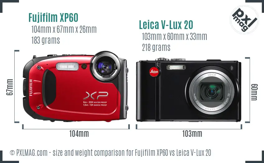 Fujifilm XP60 vs Leica V-Lux 20 size comparison