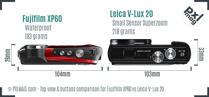 Fujifilm XP60 vs Leica V-Lux 20 top view buttons comparison