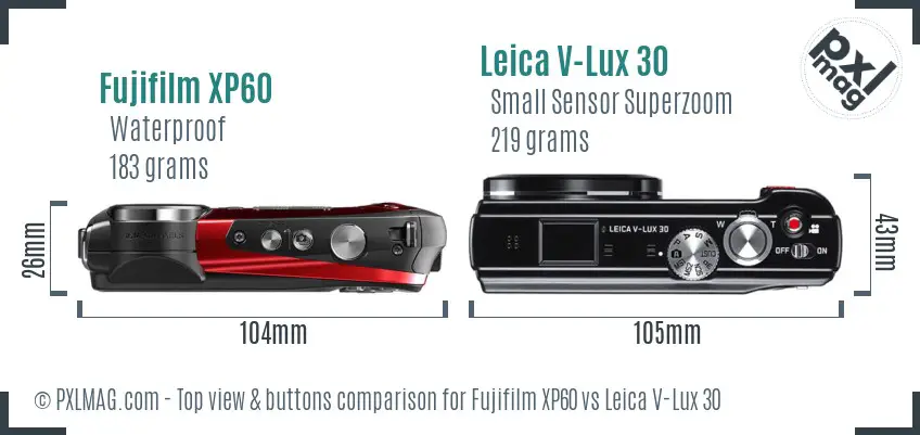 Fujifilm XP60 vs Leica V-Lux 30 top view buttons comparison