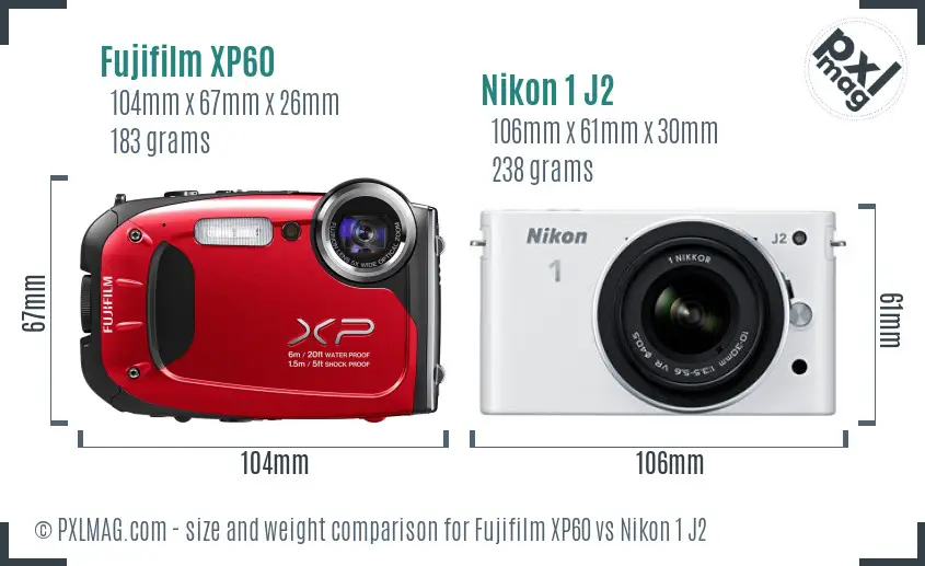 Fujifilm XP60 vs Nikon 1 J2 size comparison