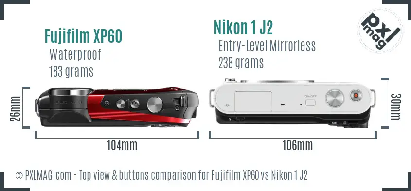 Fujifilm XP60 vs Nikon 1 J2 top view buttons comparison
